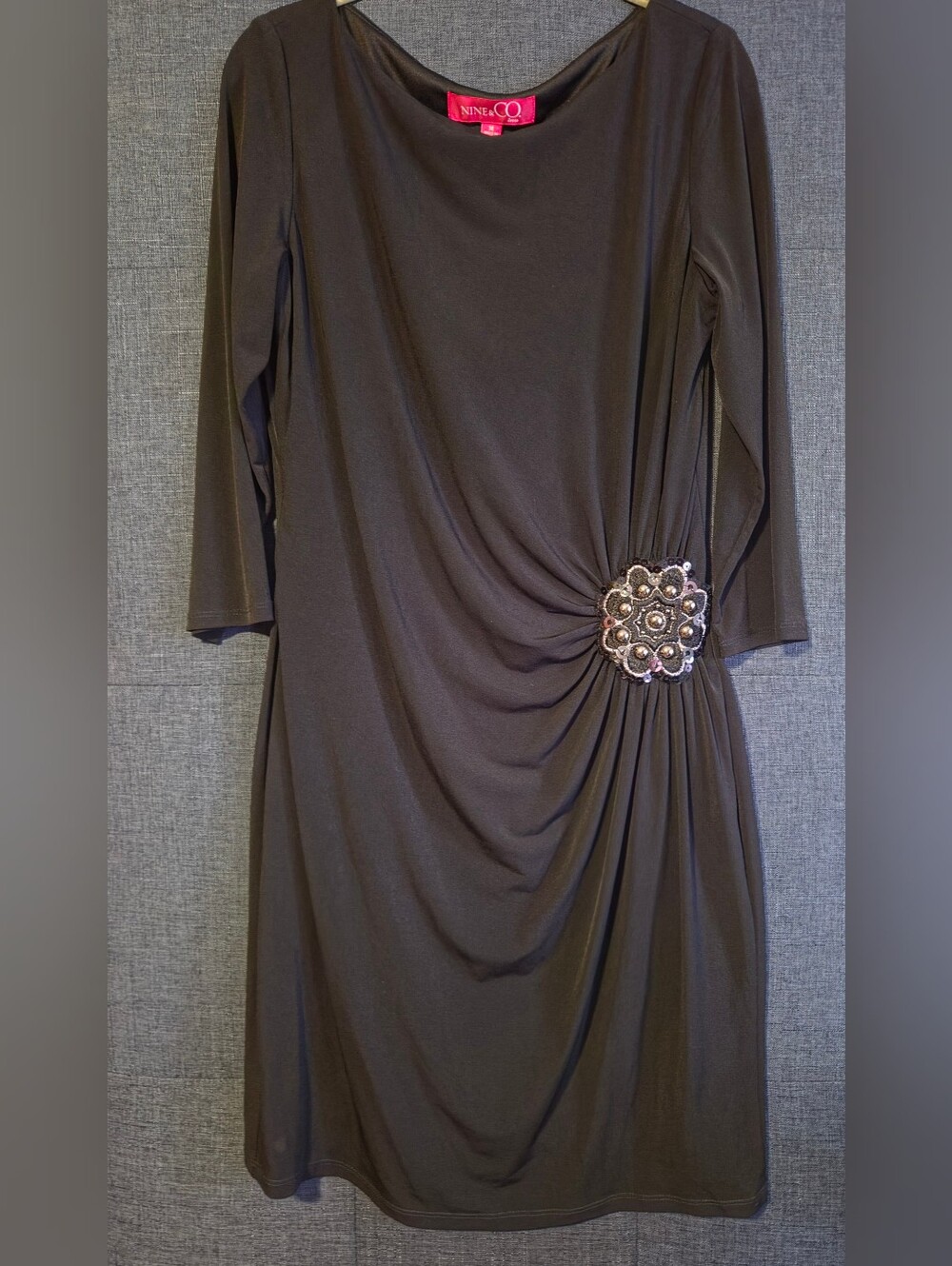 Nine & Co. Black Long Sleeve Ruched Dress with Decorative Brooch